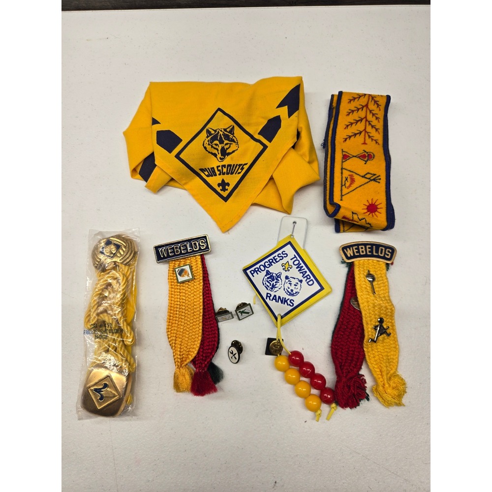 Vintage Cub Scouts Webelos Lot Neckerchief Belt Shoulder Ribbons Pins Cord 1980s